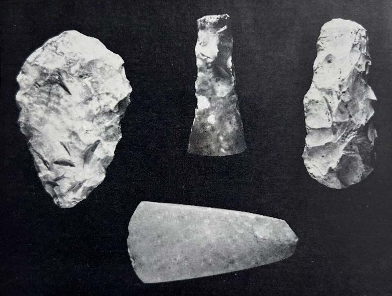 Fig. 2: Clockwise from top left, Paleolithic Acheulian axe head of circa 200,000 B.C., length 4 inches; small Neolithic axe head from Denmark, length 3 inches; Paleolithic axe head (?) from Sussex, with a pronounced chalk patina, length 4 inches; Danish Neolithic axe head, length 4 inches. (Blackmore Collection.)